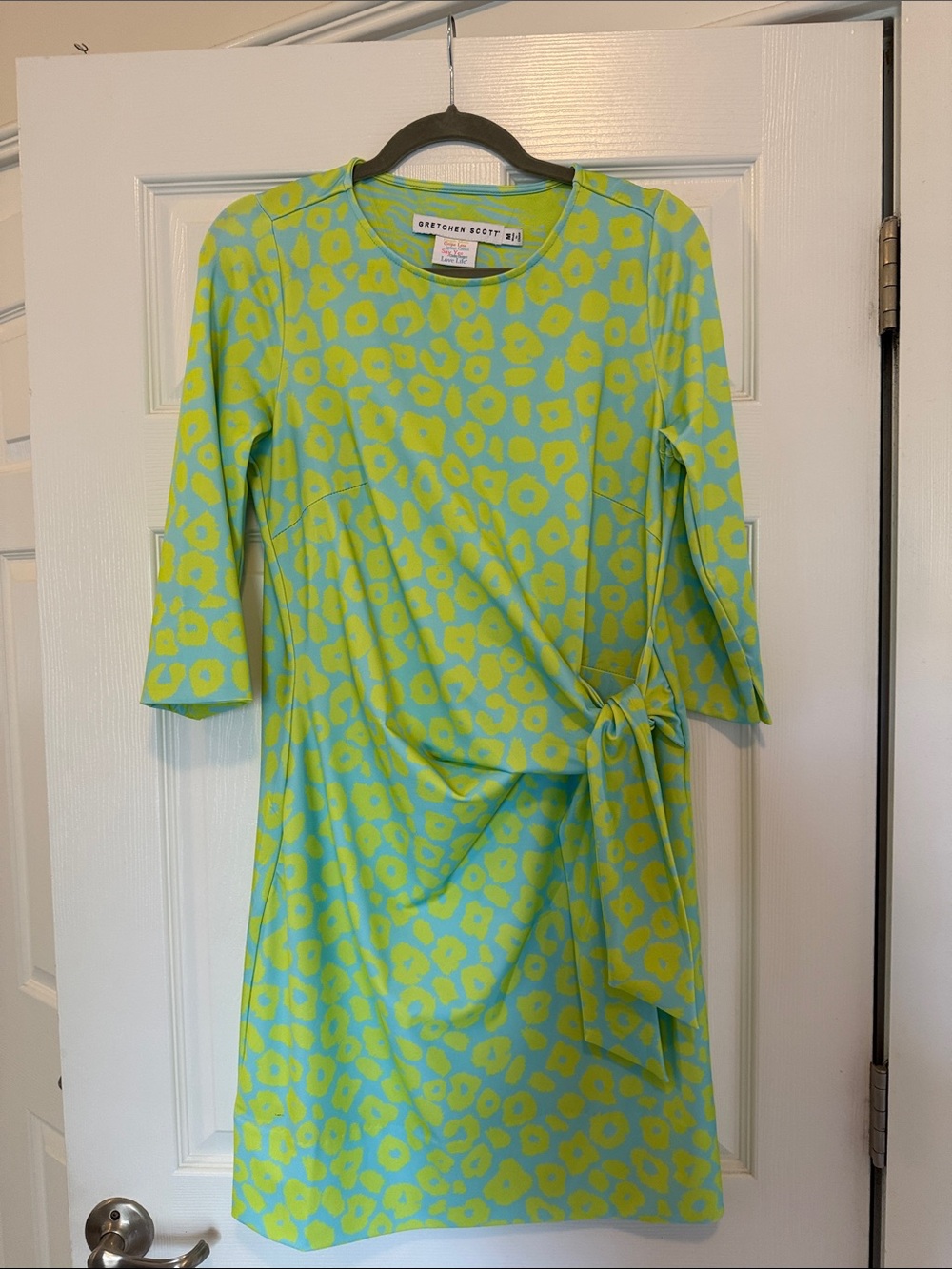 Gretchen Scott Designs Lime & Aqua Tie-Waist Long Sleeve Dress
